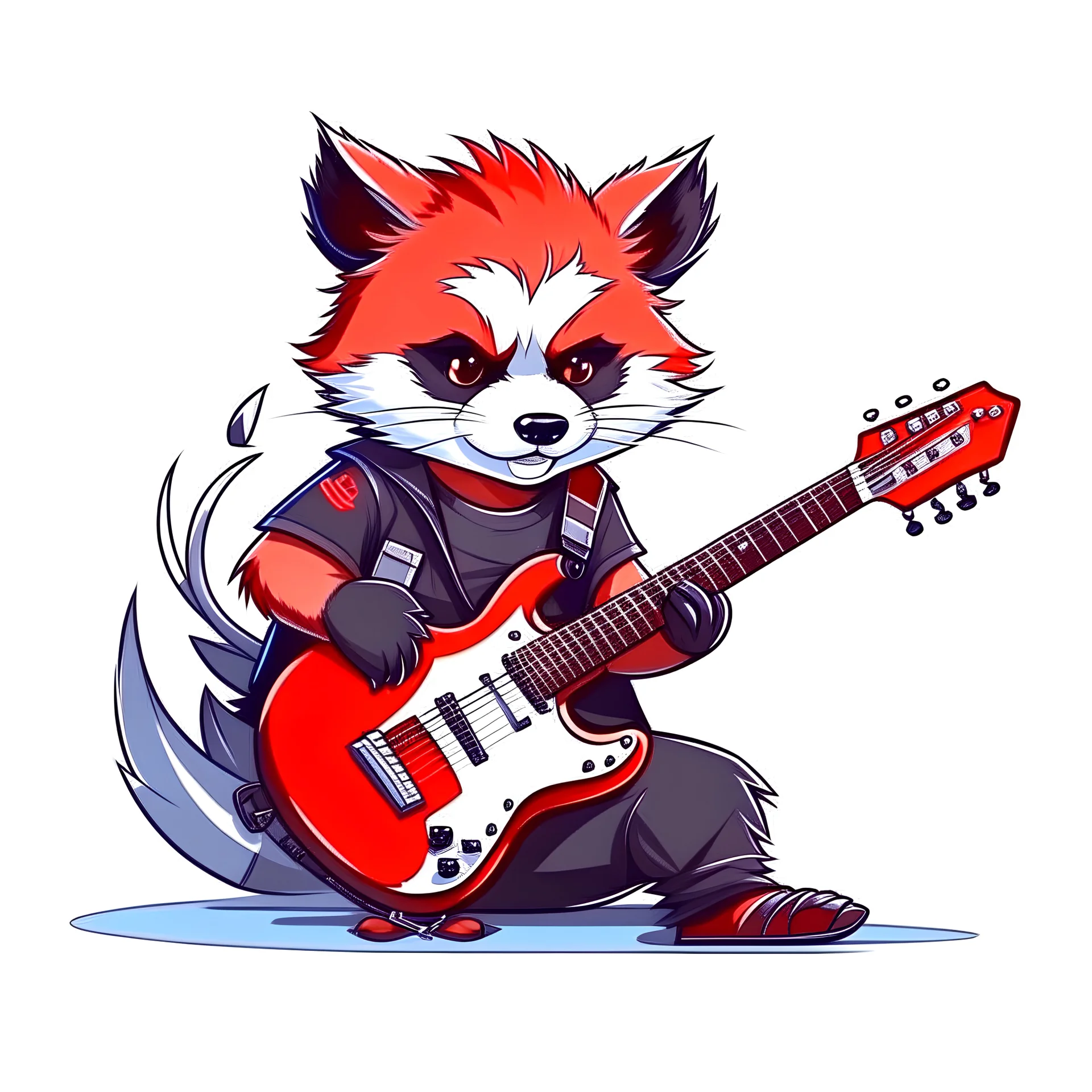 little rocker red panda playing electric guitar, angry, full body, guitar detail, anime style, white background color.