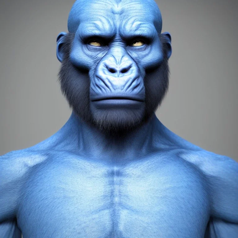 portrait of blue ape-like short human male, whole body, volumetric lighting, intricate detail, realistic, close up