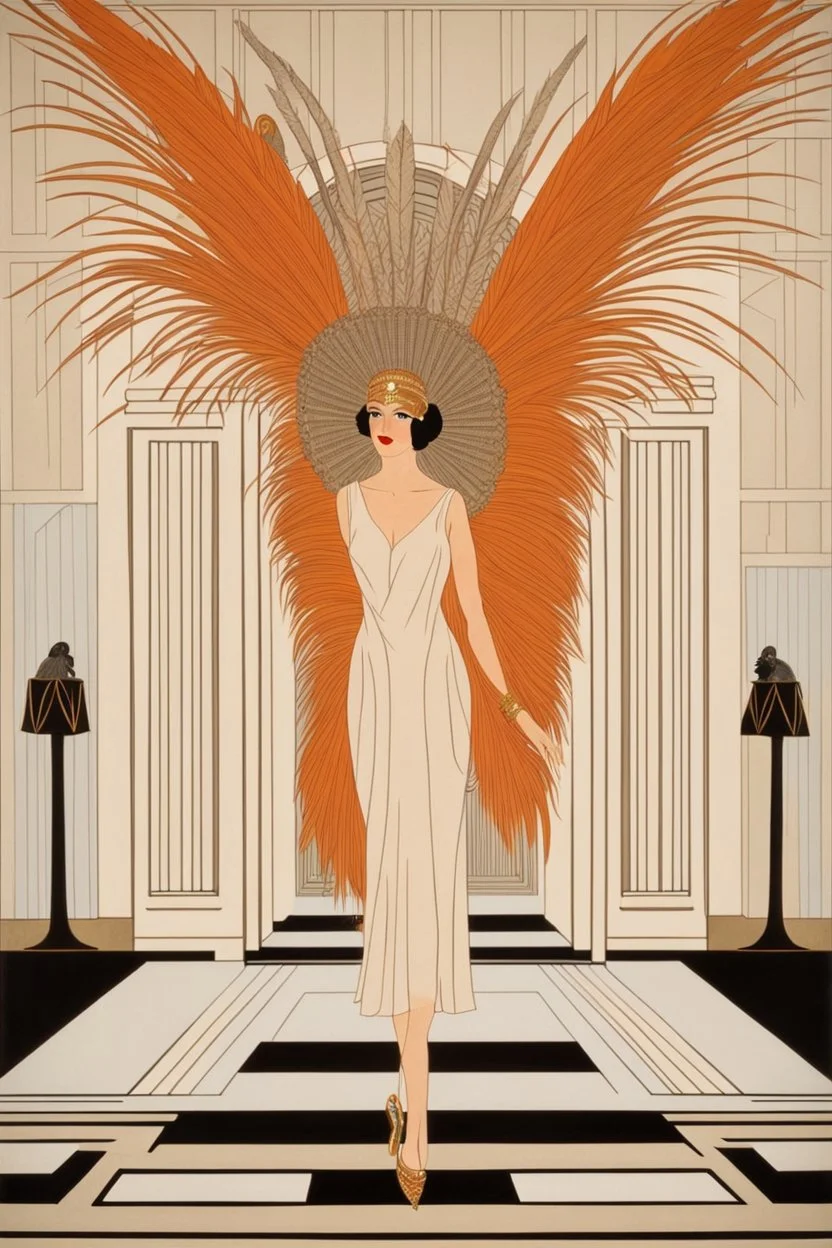 a woman with feathers in an Art Deco foyer by artist "Erte"