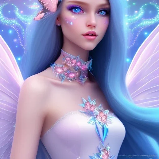  beautiful, soft, whide smile face,whole head, long blonde straight hair, blue eyes, fairy wings on the back, transparent crystal blue and pink clothes, background blue and pink, big definition, 8K