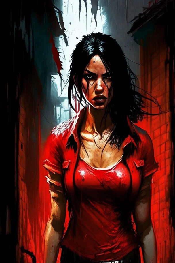 woman in a red shirt standing in a dark alley, by Aleksi Briclot, digital art, girl with black hair, bloody river in hell, as a fortnite character, woman very tired, ready to fight, no yellow color in eyes, torrential rain of blood, stylised comic art, uncharted, bbc promotional artwork