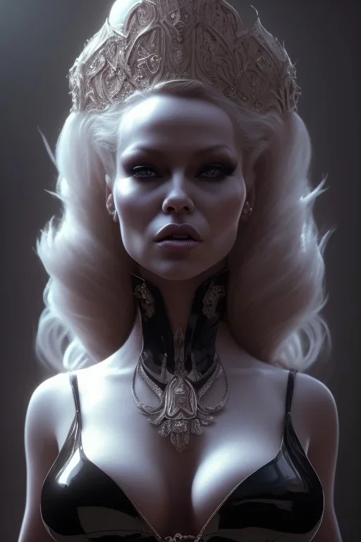 Pamela Anderson as evil queen in black leather, leather, busty, cleavage, angry, stern look. character design by cory loftis, fenghua zhong, ryohei hase, ismail inceoglu and ruan jia. unreal engine 5, artistic lighting, highly detailed, photorealistic, fantasy