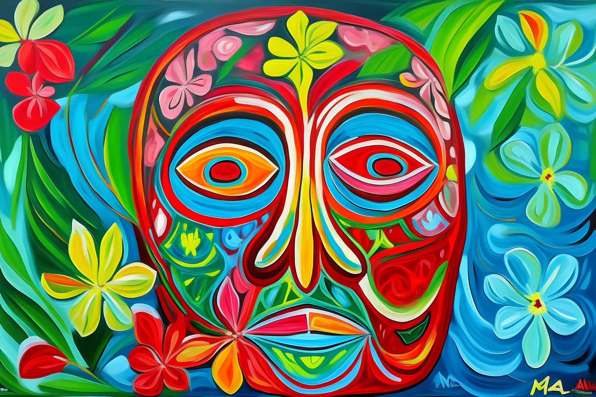 hawaii mask, neo-expressionism, acrylic paint
