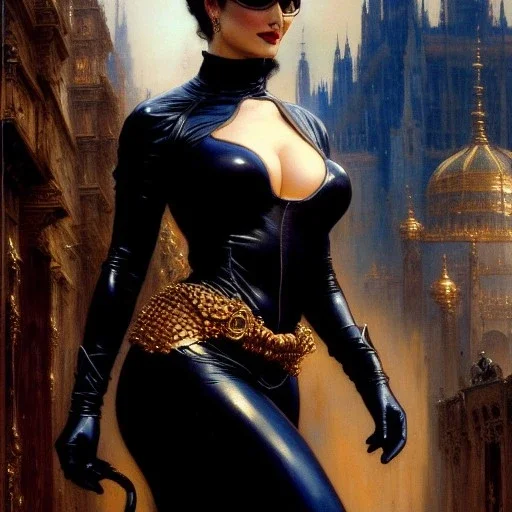 Drawing of beautiful face,'beautiful ,Busty Catwoman',intense stare, ancient skintight armor, balanciaga fashion clothe painting by gaston bussiere, greg rutkowski, yoji shinkawa, yoshitaka amano, tsutomu nihei, donato giancola, tim hildebrandt, Oil on canvas, cinematic composition, extreme detail,fit full head inside picture,16k