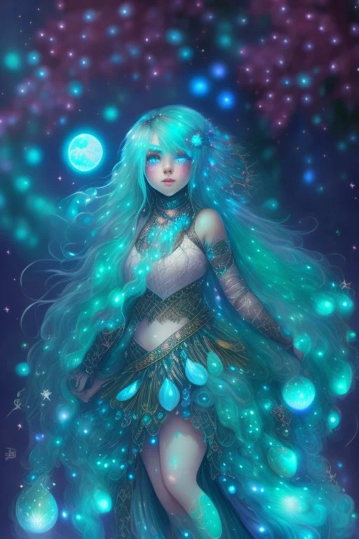 A beautiful girl with glowing starry eyes. And with turquoise hair decorated. And full body. Holds 10 glowing glass beads with a moon inside