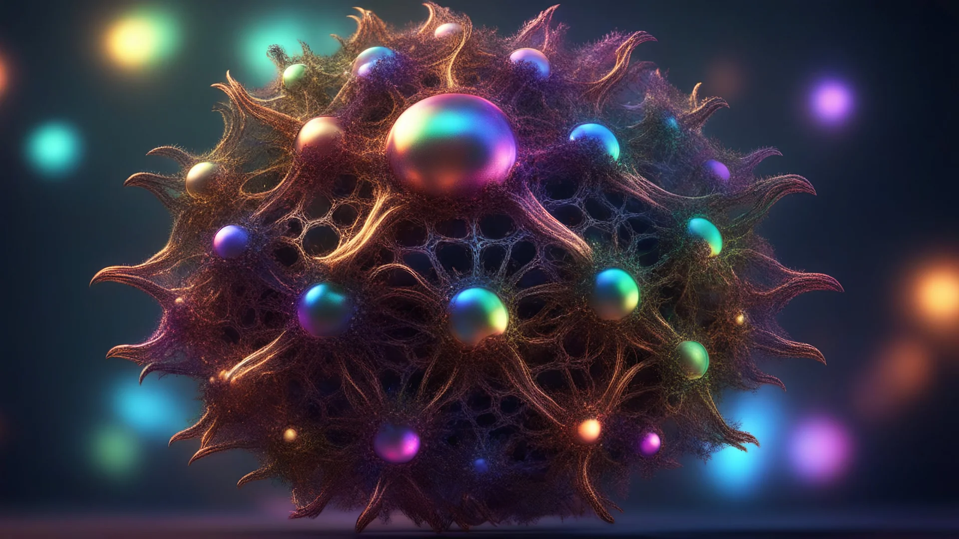 accurate stellated buckyball with protruding organic tentacles, exciting, beautiful, complete, floating in outer space, iridescent, luminescent, fantasy, magic, reflective, multicolored, fractal texture, exquisite composition, bokeh, intricate detailed octane render trending on artstation, 8k artistic photography, photorealistic concept art, soft natural volumetric cinematic perfect light, chiaroscuro, award-winning photograph, masterpiece, lens 28mm