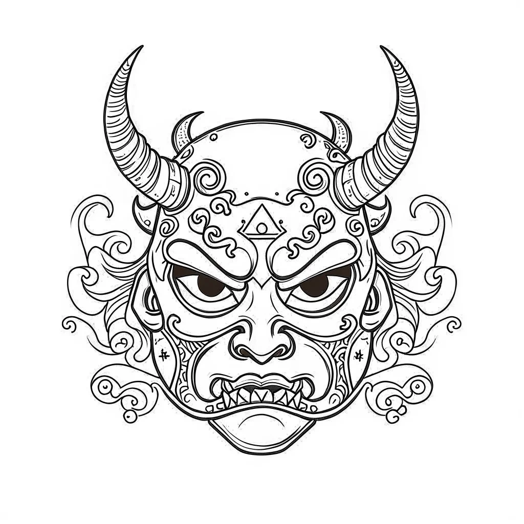 White, minimalis line art , cute oni mask japanes , vector, white background, outline, with images neatly contained within the background, just black and white color, tatto style.