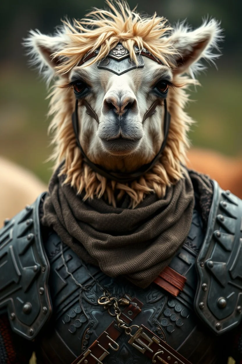 Lama thief in full armor. Close up portrait. Afraid to fail, afraid to dive within. But still smiling.