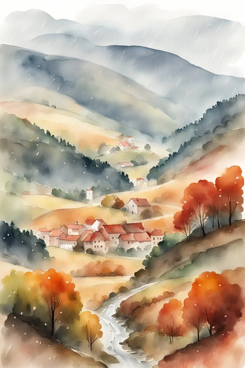 Autumn Czech valley in the rain. - Watercolor and watercolor painted style - Jenna Rainey style