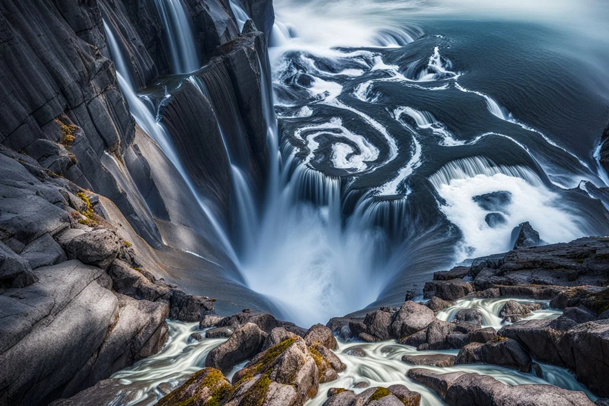 at the base of the rocky mountain peninsula, a great whirlpool waterfalls into deeper unknown depths