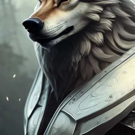 Anthropomorphic majestic wolf knight, portrait, finely detailed house stark armor, cinematic lighting, intricate filigree metal design, 4k, 8k, unreal engine, octane render,center