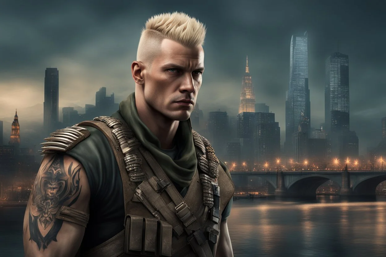 photorealistic portait of henry cavell as mercenary with blonde undercut tribal tattoos wearing modern mercenary uniform cityscape