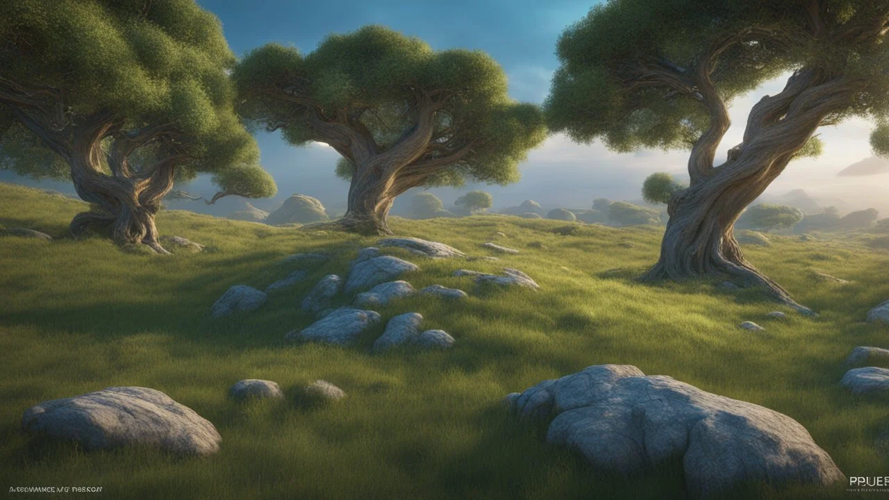 An endless steppe undulating with Hills covered in 10 ancient white oaks glowing with blue magic. a small green dragon hiding in the grass. fantasy concept art, exquisite realism, a masterpiece, dynamic lighting, hyperdetailed, intricately detailed, deep color, Unreal Engine, volumetric lighting , Epic cinematic brilliant stunning intricate meticulously detailed dramatic atmospheric maximal,