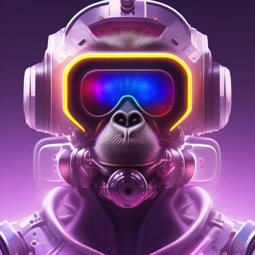 A beautiful portrait of a cyborg monkey purple neon color scheme, high key lighting, volumetric light high details psychedelic background