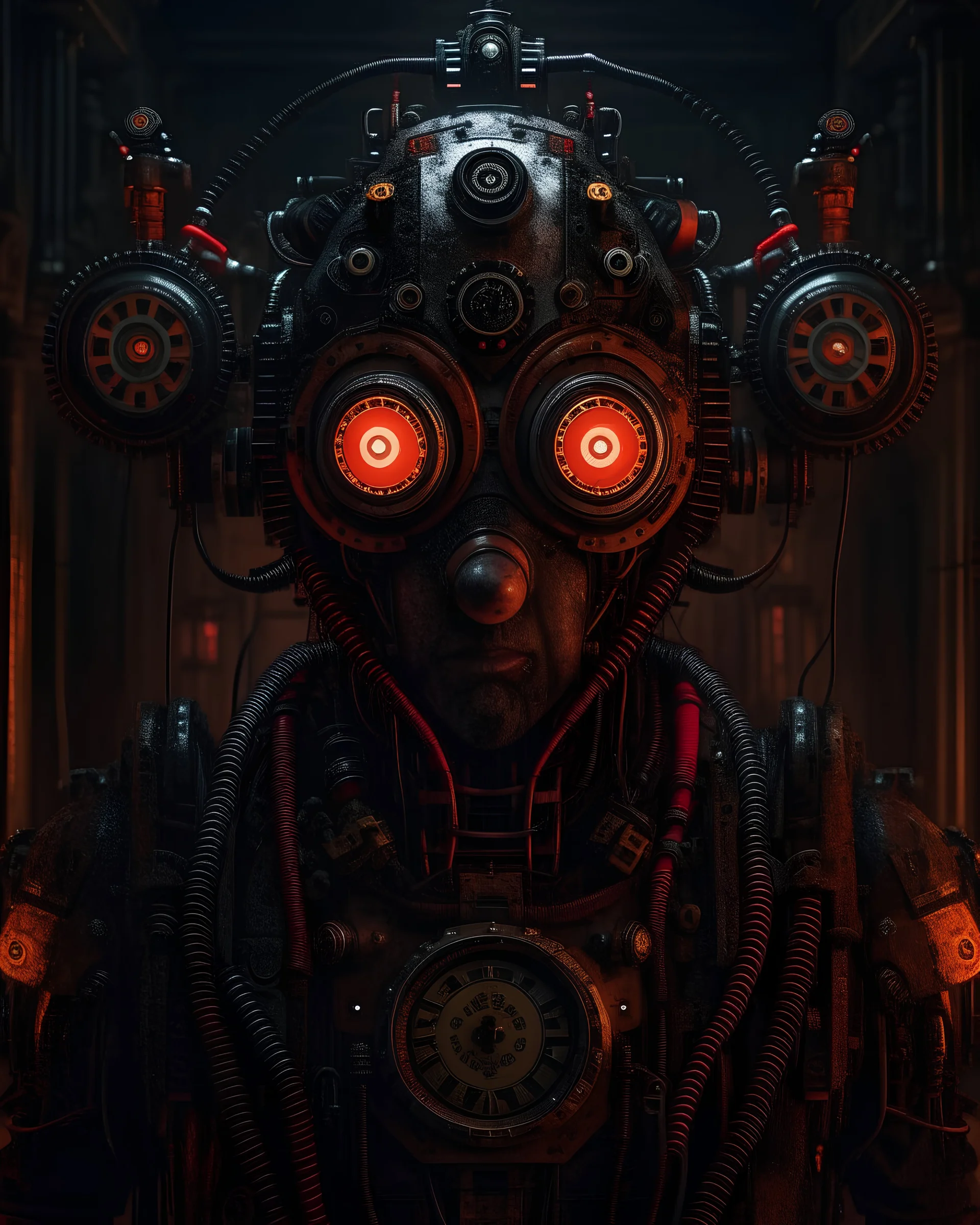 portrait of a rusian evil cyberpunk robot made of rusty clocks,dark styled, dramatic,extremely detailed, trending on artstation, cinematic view, beautiful composition, ambient light, fog, phenomenal photography, wide angle, 8k, epic, photorealism,ray tracing,sharp focus,depth of field