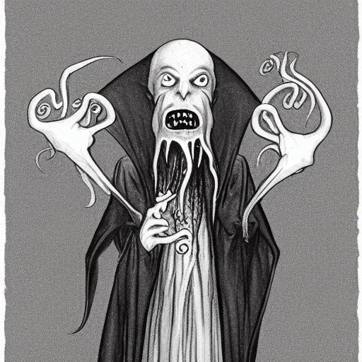 Nosferatu vampire with a tentacle beard, four arms and grey skin as a Russian Orthodox