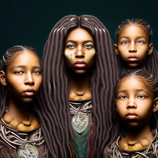 photo.three Brown skin women. Three dark skin women. Three black women. .three women. A mother. Two daughter. Twins. A mother with her children. three young black women. wood nymphs emerging from the forest. Her hair looks like vines. Dreadlocs. Her skin is the colour of dark soil. Her skin looks like tree bark. Her clothing is made of vines, grass and leaves. Elegant. Extremely detailed. Award winning photography. Fantasy. 8k. Cinematic lighting. Photorealistic. Dynamic lighting. Imperial color