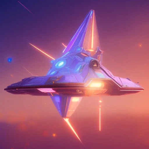 a crystalised blue pink spaceship, gold, diamonds, lightbeams, cosmic background, atmospheric, realistic, unreal engine, 8k. Cinematic lighting, octane render.