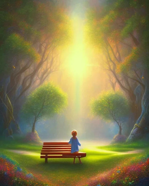 park mystical dream, park bench, man, woman, child, dog, trees, path, bird, sunshine, mystical, fantasy, romanticism, pastel colors, daylight, daytime, acrylic painting, detailed, soft focus,