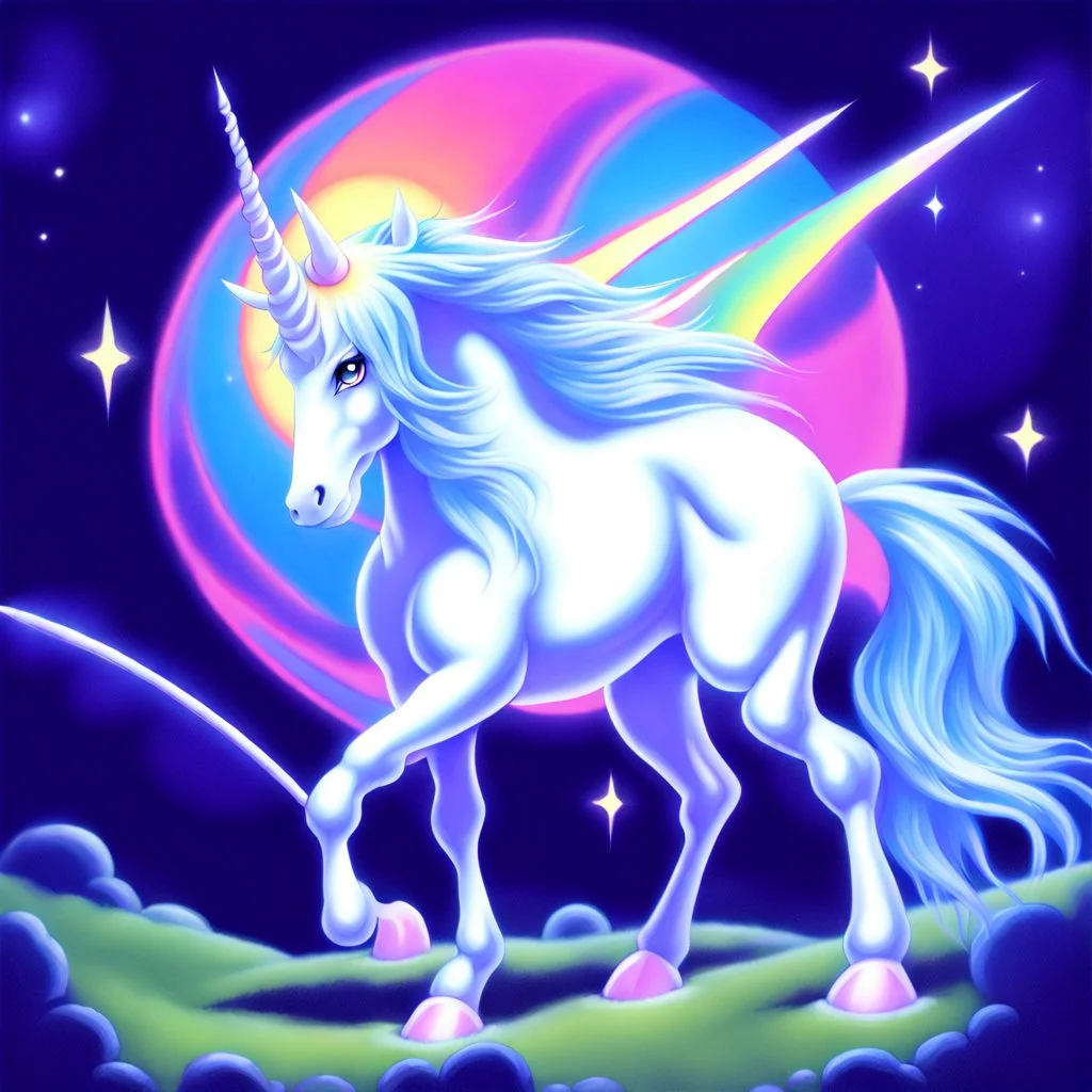 90's TCG art retro fantasy art of Space unicorn