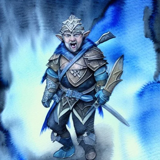 dnd, fantasy, watercolour, ilustration, halfling, artstation, realistic, ranger, leather armour, ice chunks, infused with elemental powers of water, portrait, face, glowing blue eyes, angry, vicious