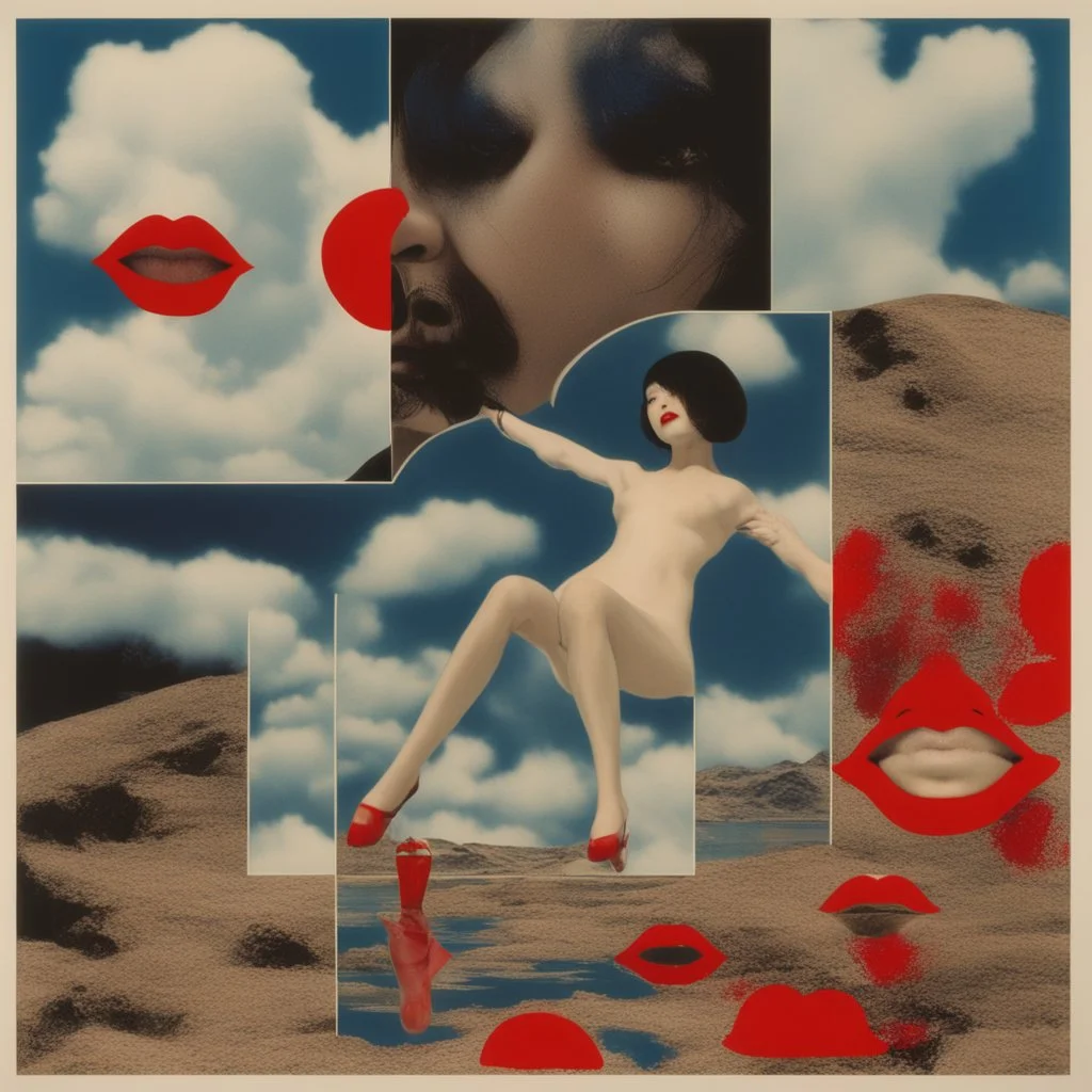 cloud in blue sky, a red lip, collage art, shuji terayama, dreamy objects, surreal, criterion collection, showa era, intricate details, mirror