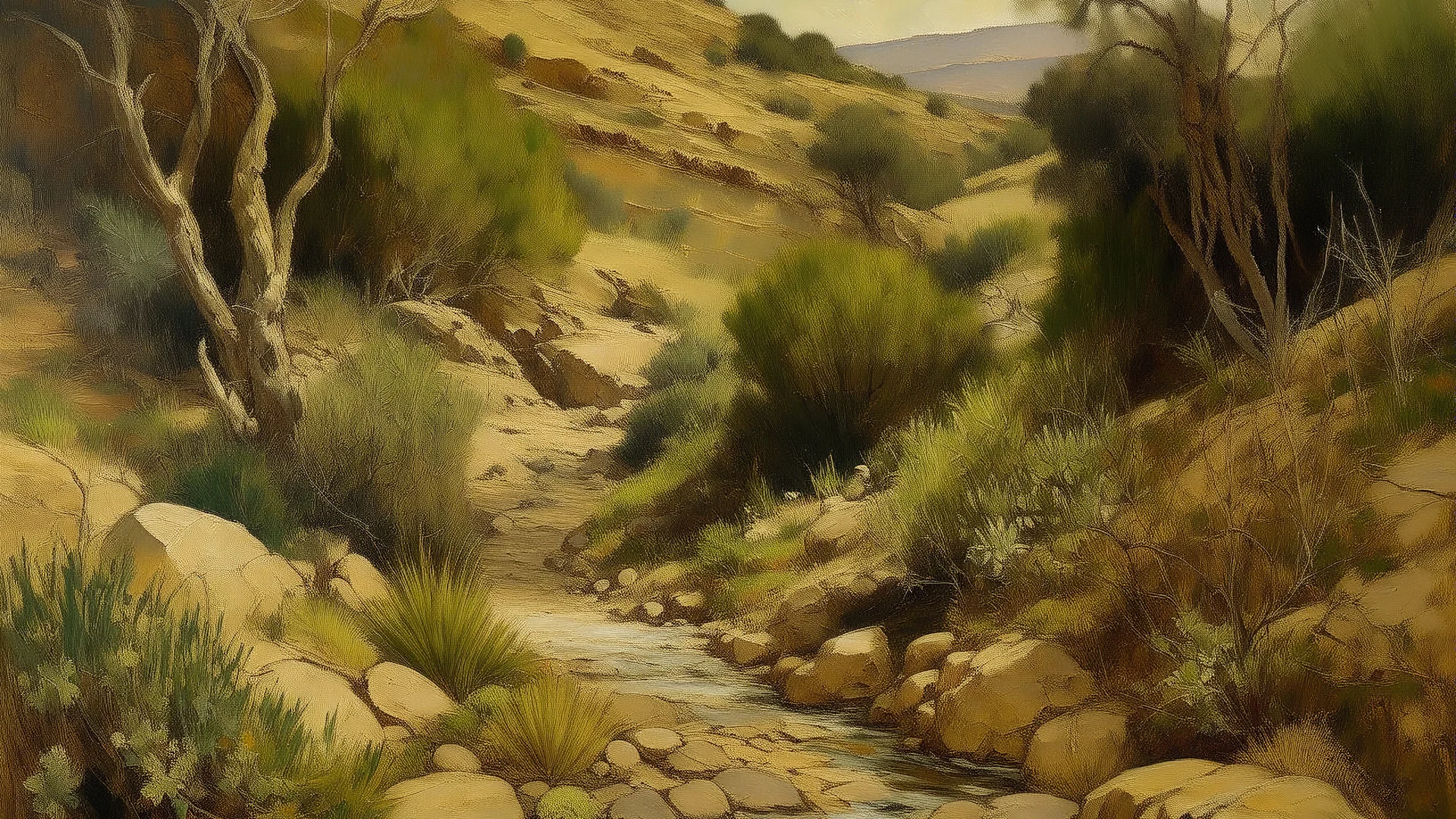 Barranco mediterráneo con terrazas naturales y vegetación resistente, pintura naturalista, paisaje seco, estética cálida, arbustos, pinos y roca erosionada, composición escalonada, iluminación dorada, ocres, verdes oliva y marrones, atmósfera serena.