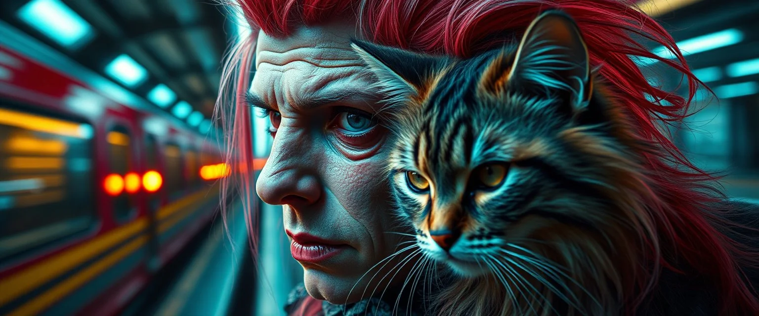high class realism, dented skin, victorian era, cyber punk, A really close up portrait of one person individually mutated with hairy wigs glowing, and a long haired cat that just came out of a violent twister with its long hair twisted, background blur, high speed train