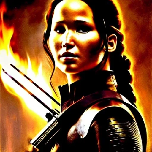 portrait beautiful face Katniss Everdeen - The Hunger Games,busty,ancient metal armor balanciaga fashion clothe painting by gaston bussiere, greg rutkowski, yoji shinkawa, yoshitaka amano, tsutomu nihei, donato giancola, tim hildebrandt, oil on canvas, cinematic composition, extreme detail,fit full head inside picture,16k