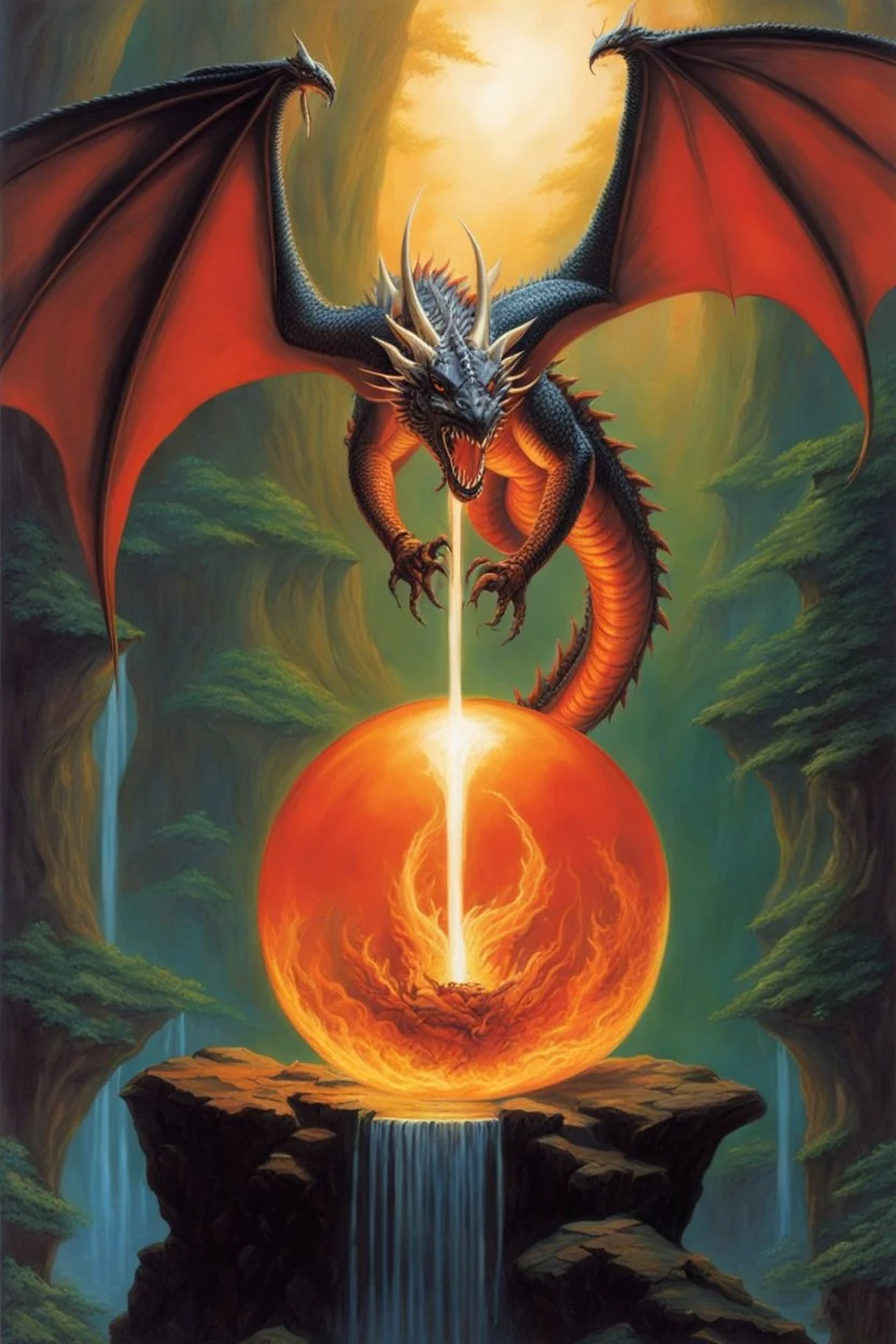 magic orb dripping with dragon fire. cloned wings. fantasy setting. painted by Larry Elmore