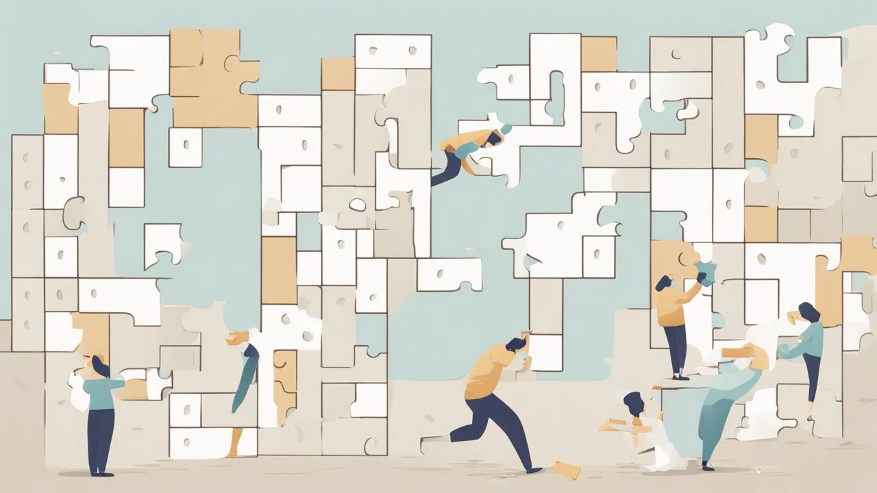 صورة تجسّد رمزية "بناء العادات اليومية الناجحة"، حيث تصور شخصًا يقوم بوضع قطع اللغز في مكانها لتشكيل صورة مكتملة. هذا يرمز إلى عملية تكوين وتطوير العادات الإيجابية خطوة بخطوة لتحقيق الإنتاجية وزيادة مستوى السعادة في الحياة اليومية.