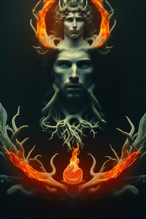 portrait photography of an ethereal beautiful animal god, Fire theme art, Dark moody night atmosphere, Portrait of a man by Michelangelo, 8K, close-up face, anatomically perfect face, oak tree roots, ignore NSFW