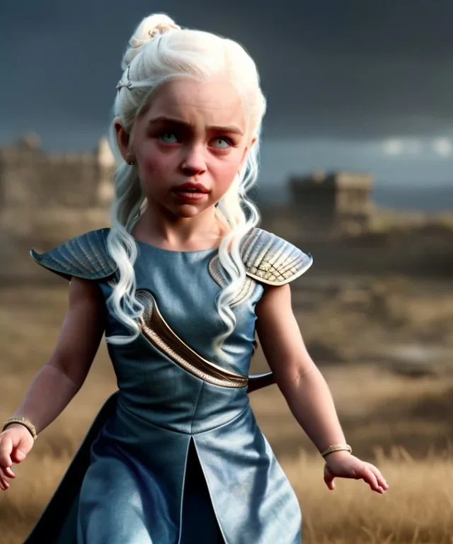 Daenerys Targaryen toddler, full body, dramatic lighting, angry, hyper realistic,