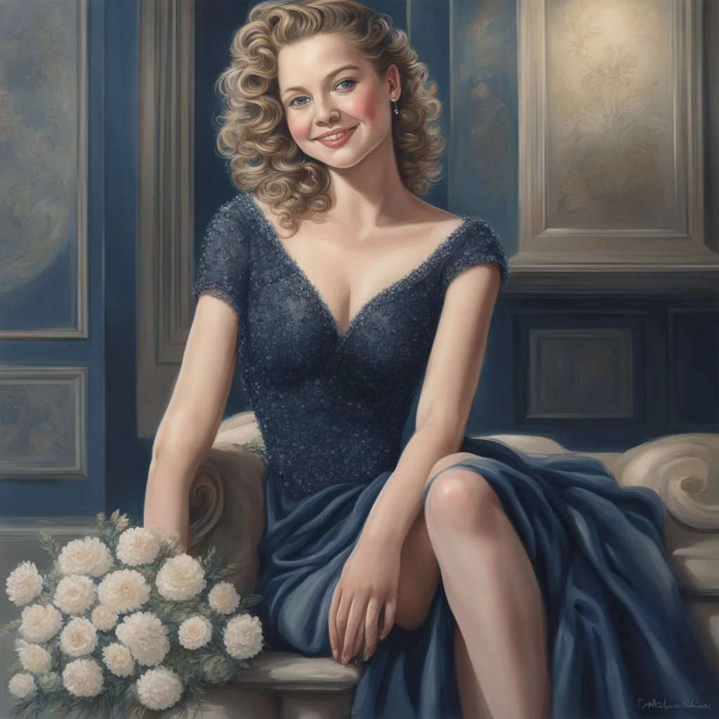 sweet, very fashionable girl, beautiful 20 years old, midnight blue beaded dress, pearl, flowers, light curls, curls, slicked back hair, sweet smile, olive bright eyes, perfect proportions, perfect face, perfect anatomy, perfect hands, sophisticated, backlight , atmospheric, oil painting, pastel pencil, volumetric hyperrealism, over-detailed, photorealistic, professional photography, high quality, clear focus playground