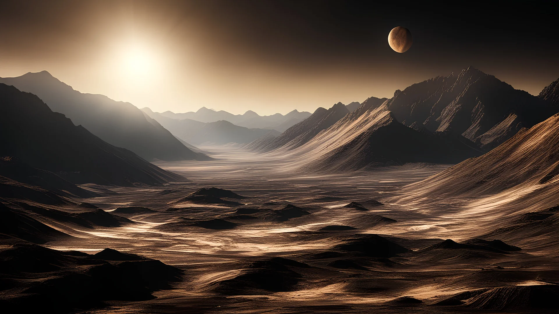 Mountainous landscape on Venus, dramatic sunlight, chiaroscuro, beautiful composition