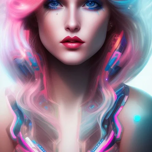 A beautiful portrait of a cute cyberpunk woman long blond hair, pink lips, blue eyes, high key lighting, volumetric light high details with luminous blue and white stripes and feathers