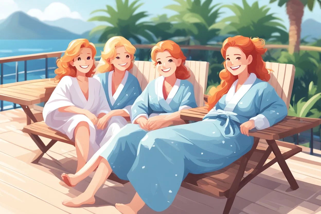 [safe pixelized blurry illustration for kids] a blonde and a redhead two 35 years old women with large breasts smiling are lying on deck chairs inside a health resort, cozy and confidence, they are in bathrobe
