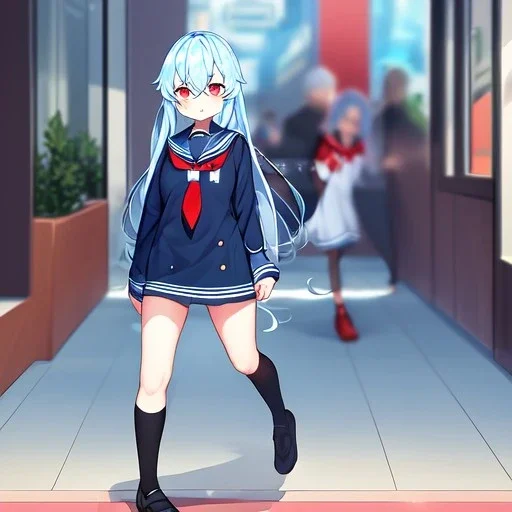 Clear focus, High resolution, long fluffy light blue hair, hair between eyes, long locks, wearing a sailor uniform, wearing a sailor skirt, long black socks, 1girl, cartoon, cute, UNFOTABLE studio, red tie, walking, outside setting