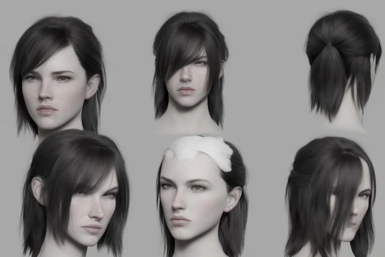 Female stylized character sheet for 3d modeling full normal anatomy correct proportion Full front view side view and back anatomy .art station 8k fair skin A short, brunette woman with cheeks, disheveled black hair, and a shaved lower lip