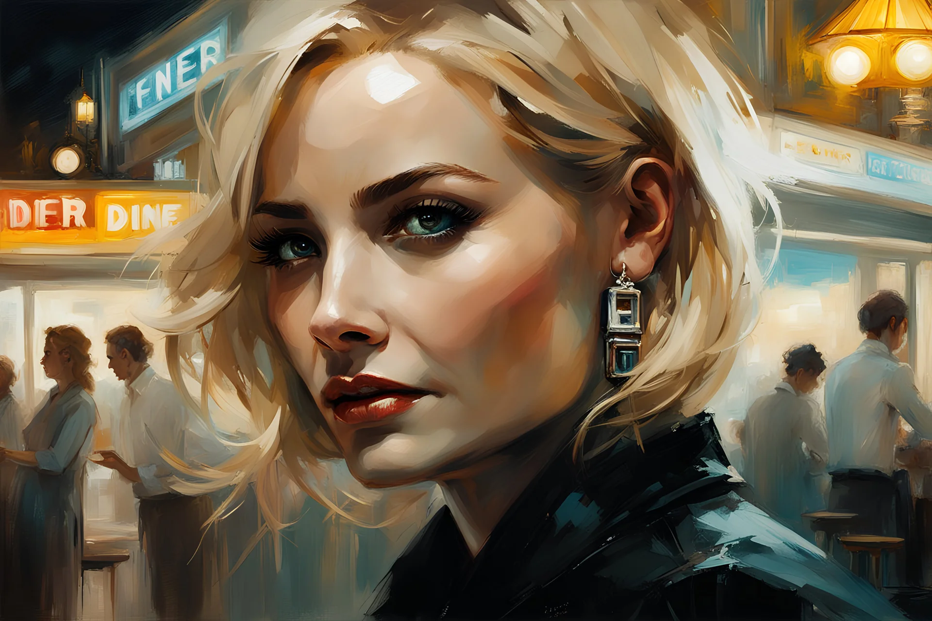 Blonde British Woman 28yo With Shoulder Length Bob Hair, Beautiful Makeup, Intricate Ear Rings, by a 50s diner smiling :: dark mysterious esoteric atmosphere :: digital matt painting with rough paint strokes by Jeremy Mann + Carne Griffiths + Leonid Afremov, black canvas, dramatic shading, detailed face