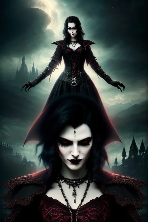Smirking gothic vampire, waist up portrait, gloomy, 8k resolution, intricate details, ornate details, soft lighting, vibrant colors, retroanime, masterpiece, intricate eyeliner, dark eyeshadow, eyes, intricate tattoos, Medieval background