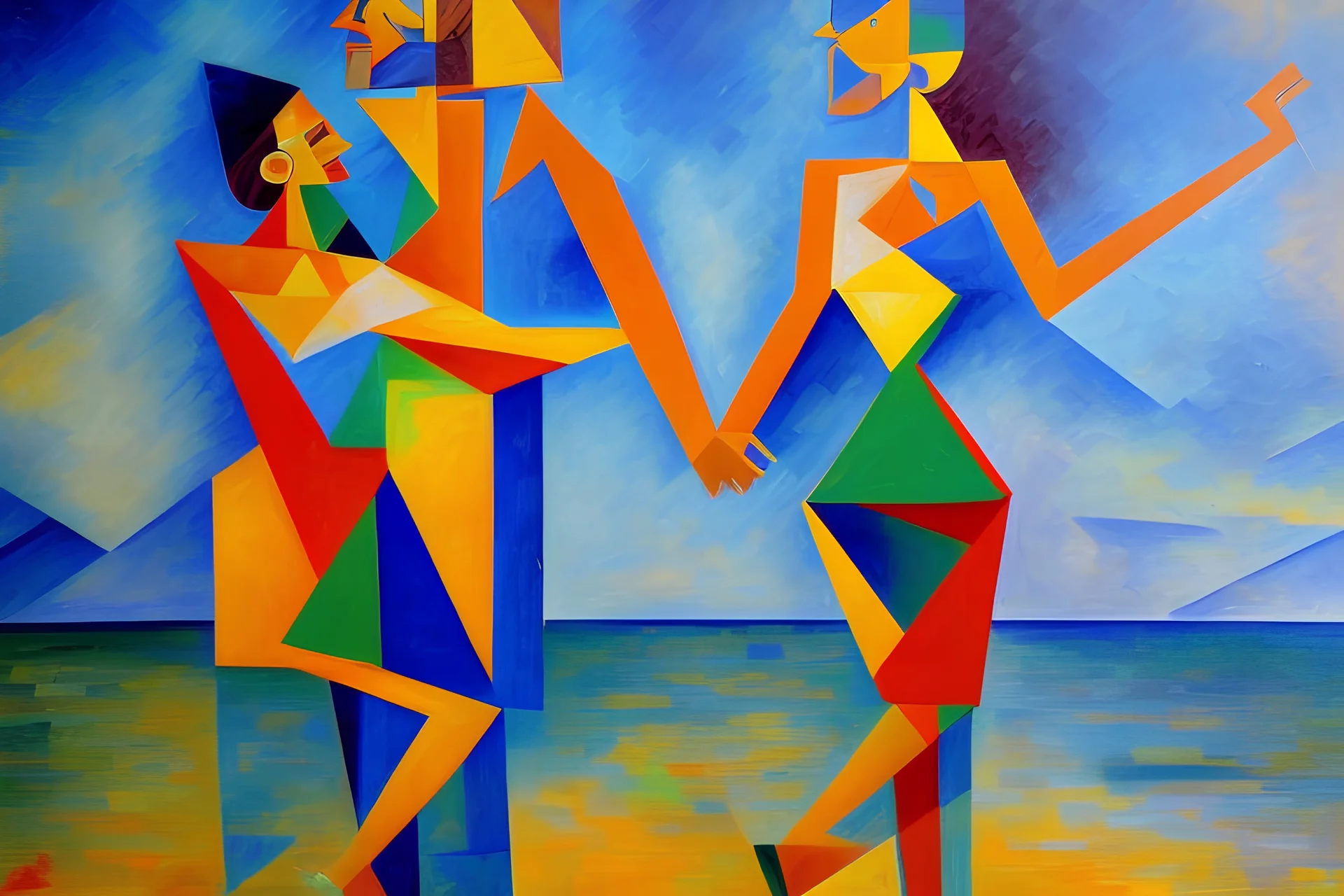 Cubism pablo picasso style , One couple dancing, Bald Man, woman with long curly gray hair, standing on a yacht, ocean in background, dancing, happy, moving, oil painting,