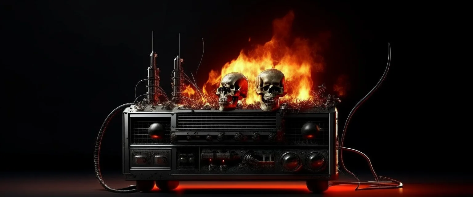 4K. REALISTIC FULL DETAILS. LOGO EMISSION DE RADIO HARDROCK FIRESTARTER TERMINATOR. FLAMMES EN FOND D IMAGE ET STUDIO DE RADIO QUI BRULE