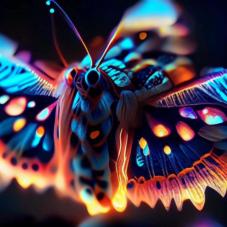 Glowing Colorful Moth 1.5mm field of view Olympus macro gear at 5:1 magnification. Modifiers: sharp focus elegant fantasy bright studio setting studio lighting photorealistic very attractive beautiful wallpaper award winning imperial colors fantastic view hyperrealistic ultra detailed 4K 3D very cute cinematic postprocessing acrylic art