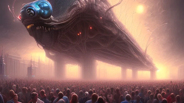 a crowd enjoys watching our lovecraftian alien overlords attack major cities