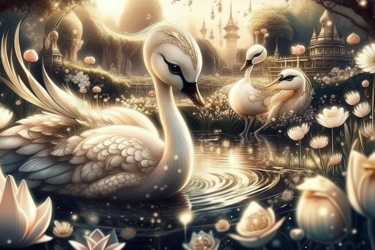 beautiful swan and cute chibi princess in a flowergarden with beautiful flowers, pond, in sunshine, H.R. Giger, anime, steampunk, surreal, watercolor and black in outlines, golden glitter, ethereal, cinematic postprocessing, bokeh, dof