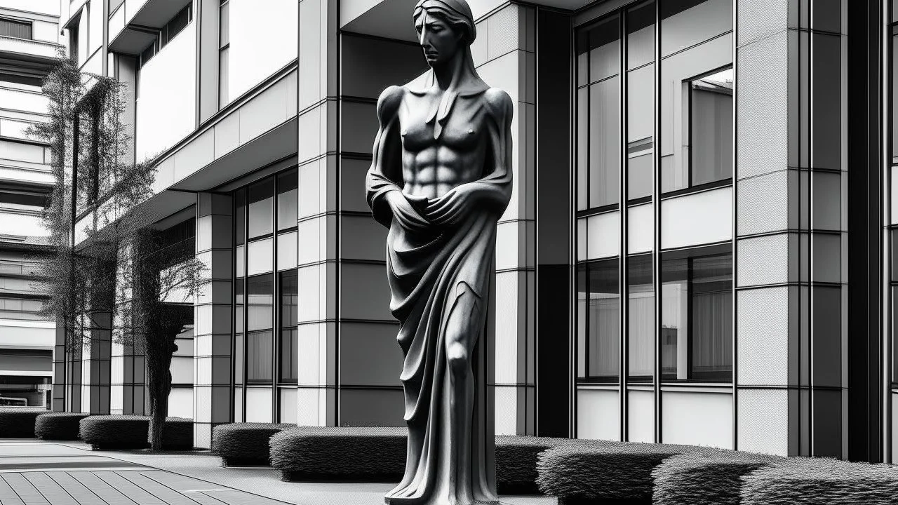 Just spotted a stunning monochrome statue on the street, really adds to the building's aesthetic. #art #blackandwhite #outdoor