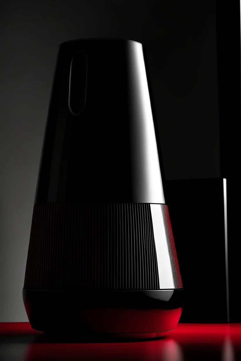 speaker, form inspired by Burj Khalifa, architecture form, modern design style and black and red color