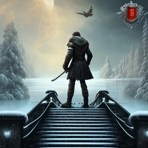 fantasy art, book cover, big wolf in front of the ebony stairs of a bridge or dam ,icy water, on the bridge is a wolf, there is also a hawk on his shoulder