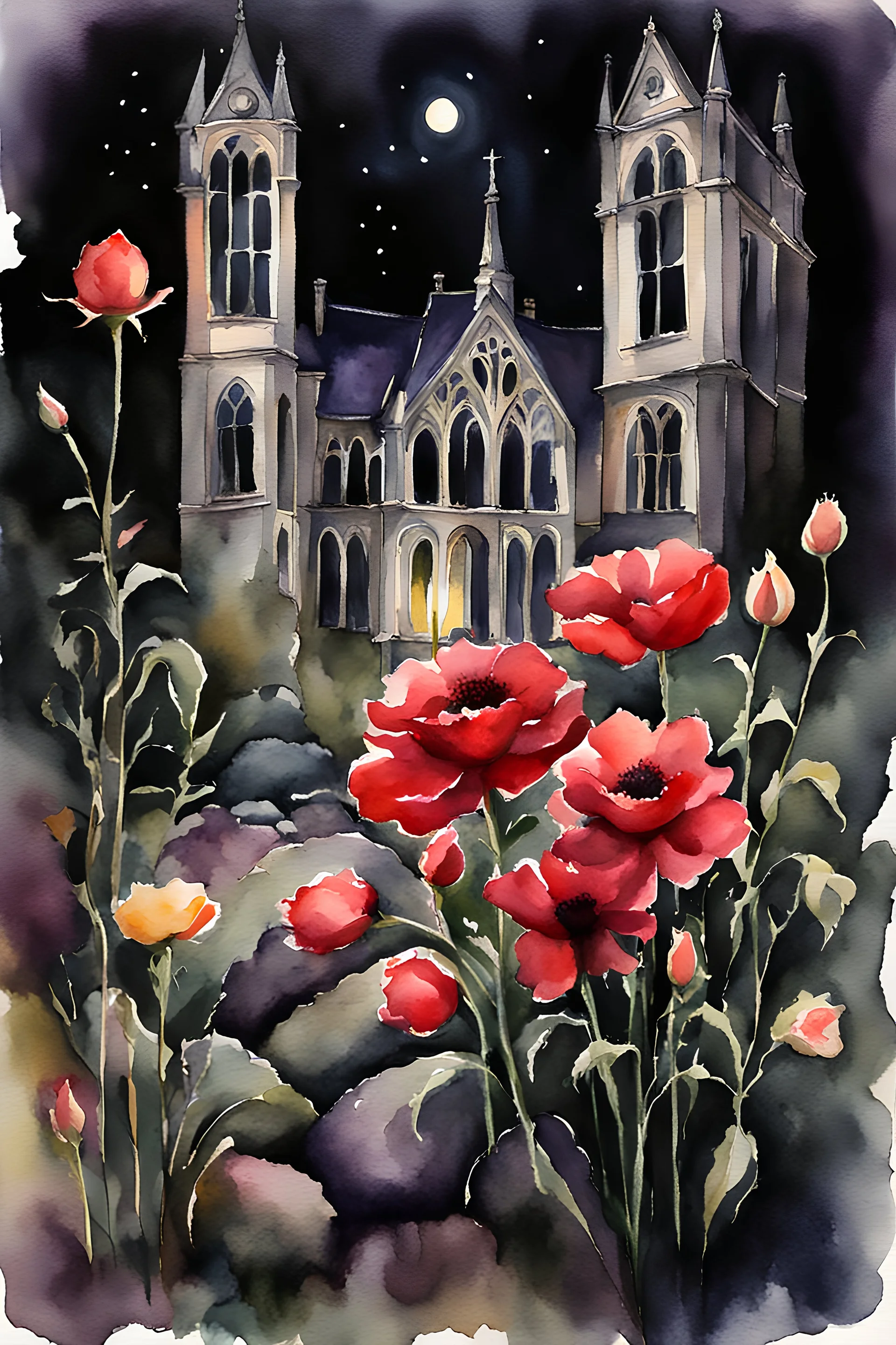 night, flowers, rocks, gothic horror movies influence, watercolor paintings